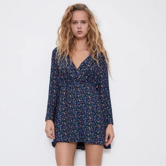 Zara Dresses & Skirts - Zara Floral Long Sleeve V-Neck Mini Dress Women Sz S Shoulder Pads Feminine
